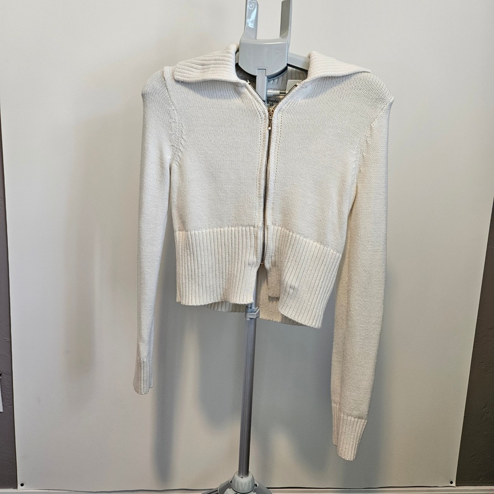 Abercrombie & Fitch Full Zip Sweater Cardigan Women XS White Ribbed Knit Cropped